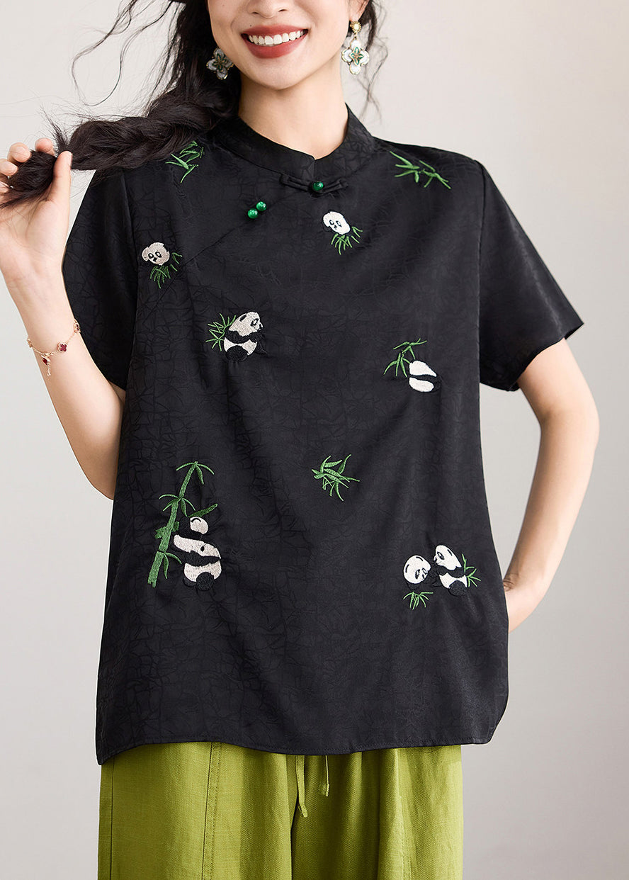 Chinese Style Black Stand Collar Embroidered Tops Short Sleeve