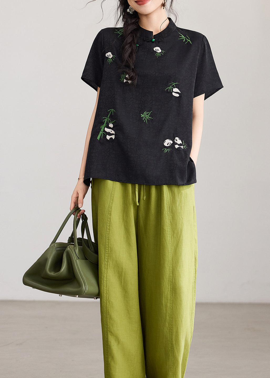 Chinese Style Black Stand Collar Embroidered Tops Short Sleeve