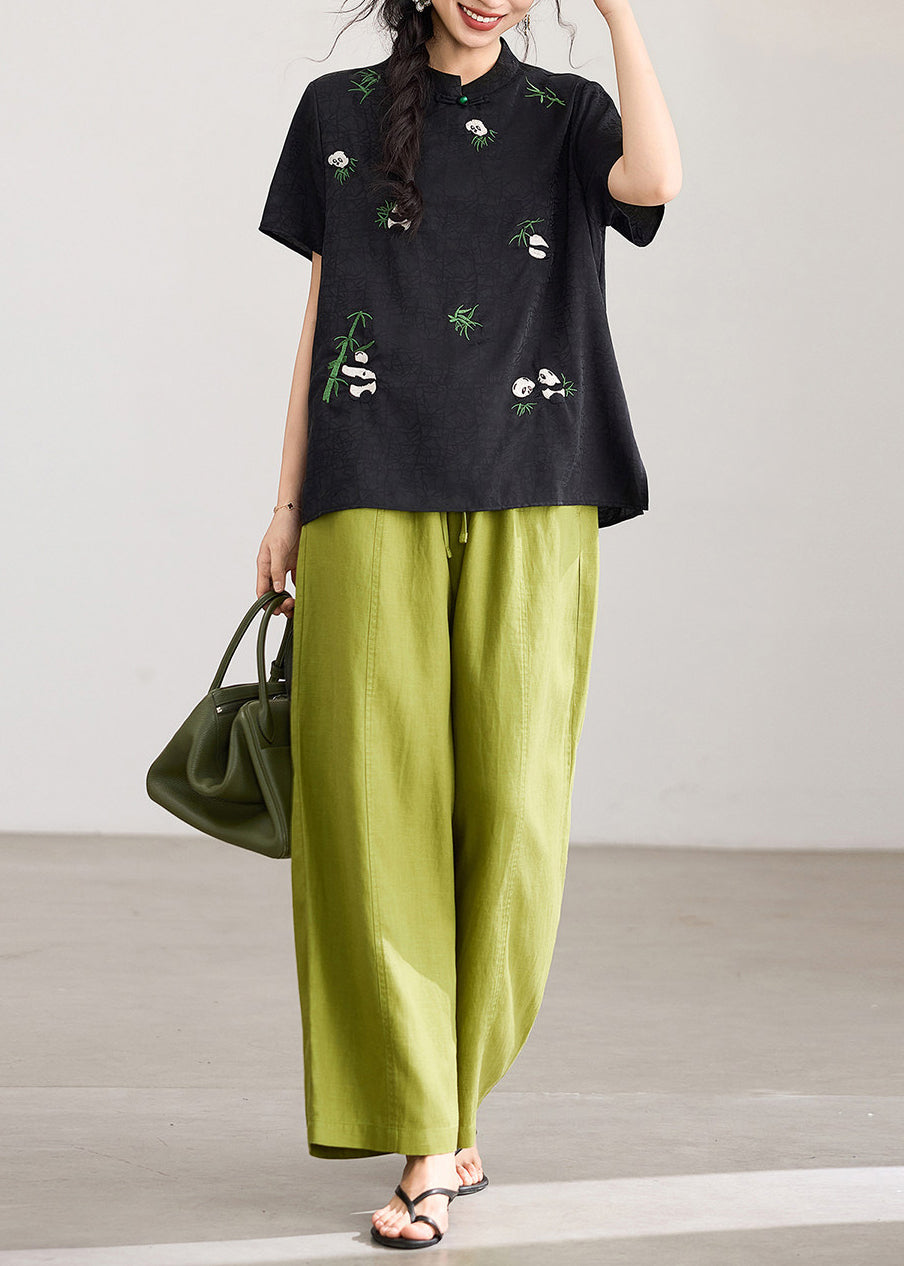 Chinese Style Black Stand Collar Embroidered Tops Short Sleeve