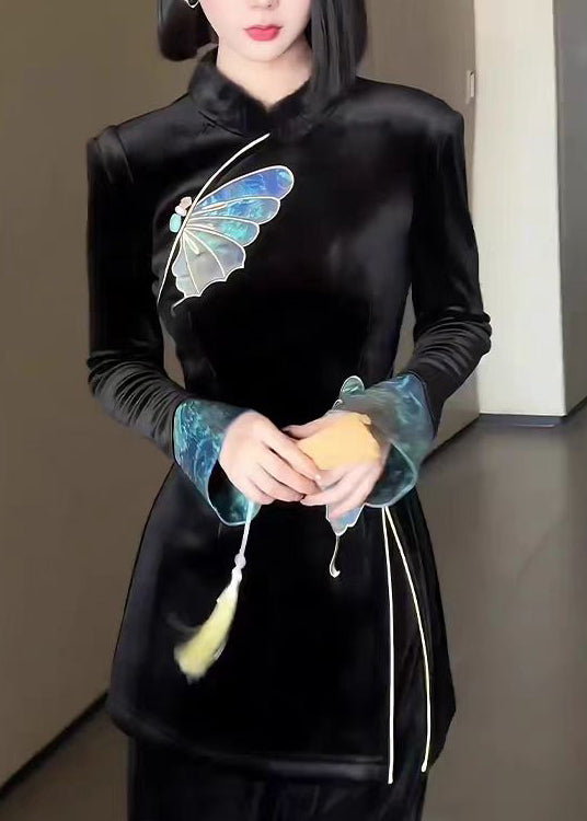 Chinese Style Black Stand Collar Embroidered Velour Two Pieces Set Spring