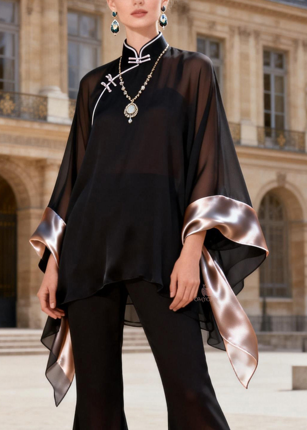 Chinese Style Black Stand Collar Patchwork Silk Two Piece Set Outfits Summer