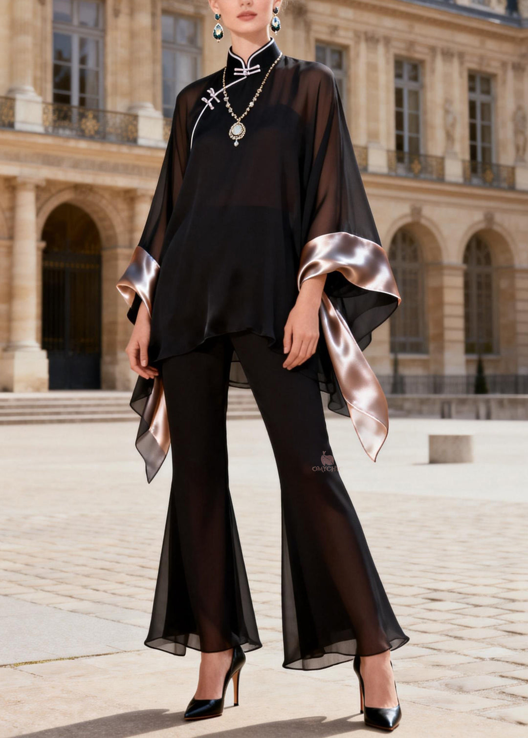 Chinese Style Black Stand Collar Patchwork Silk Two Piece Set Outfits Summer