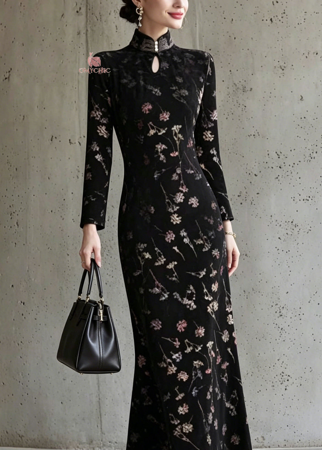 Chinese Style Black Stand Collar Print Cotton Dress Fall