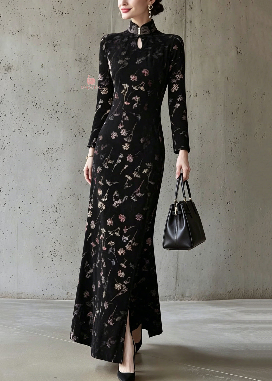 Chinese Style Black Stand Collar Print Cotton Dress Fall