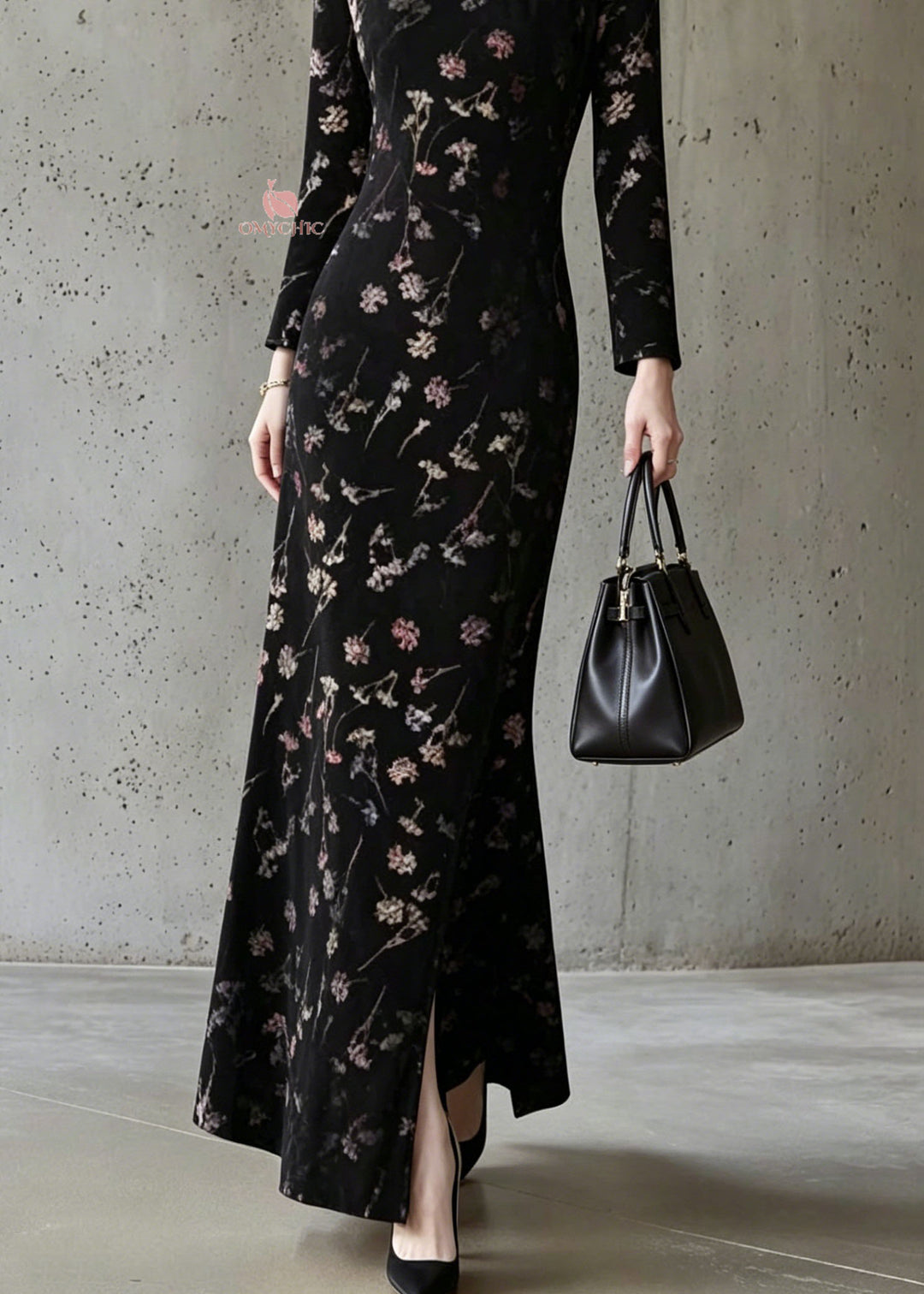 Chinese Style Black Stand Collar Print Cotton Dress Fall
