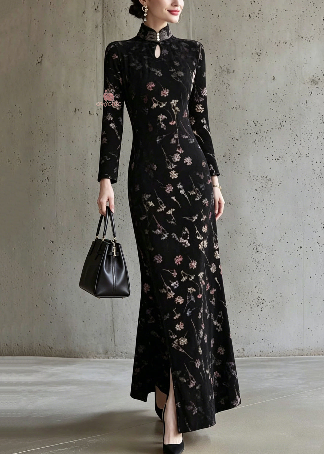 Chinese Style Black Stand Collar Print Cotton Dress Fall