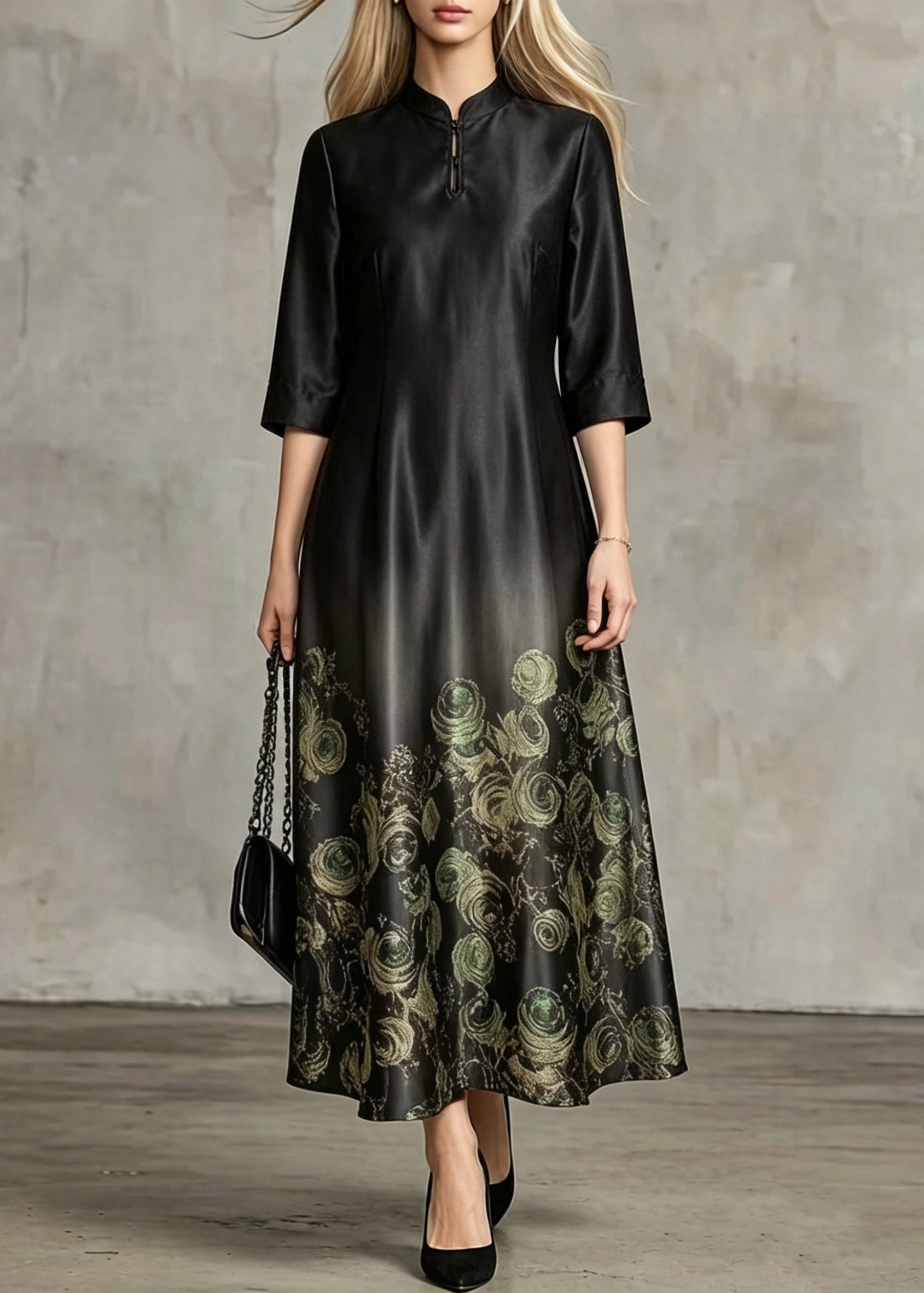 Chinese Style Black Stand Collar Print Silk Long Dresses Summer - Omychic