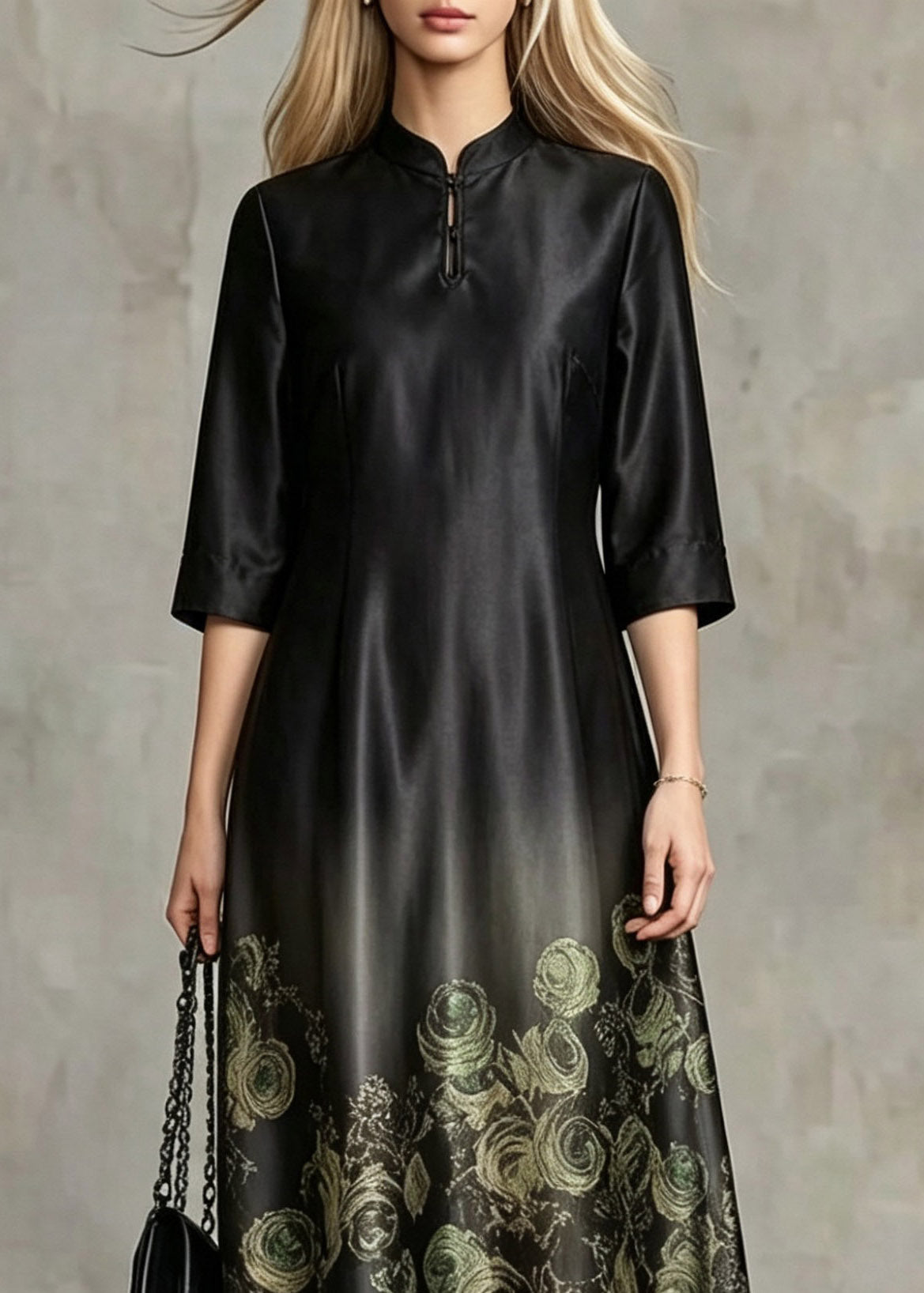 Chinese Style Black Stand Collar Print Silk Long Dresses Summer - Omychic