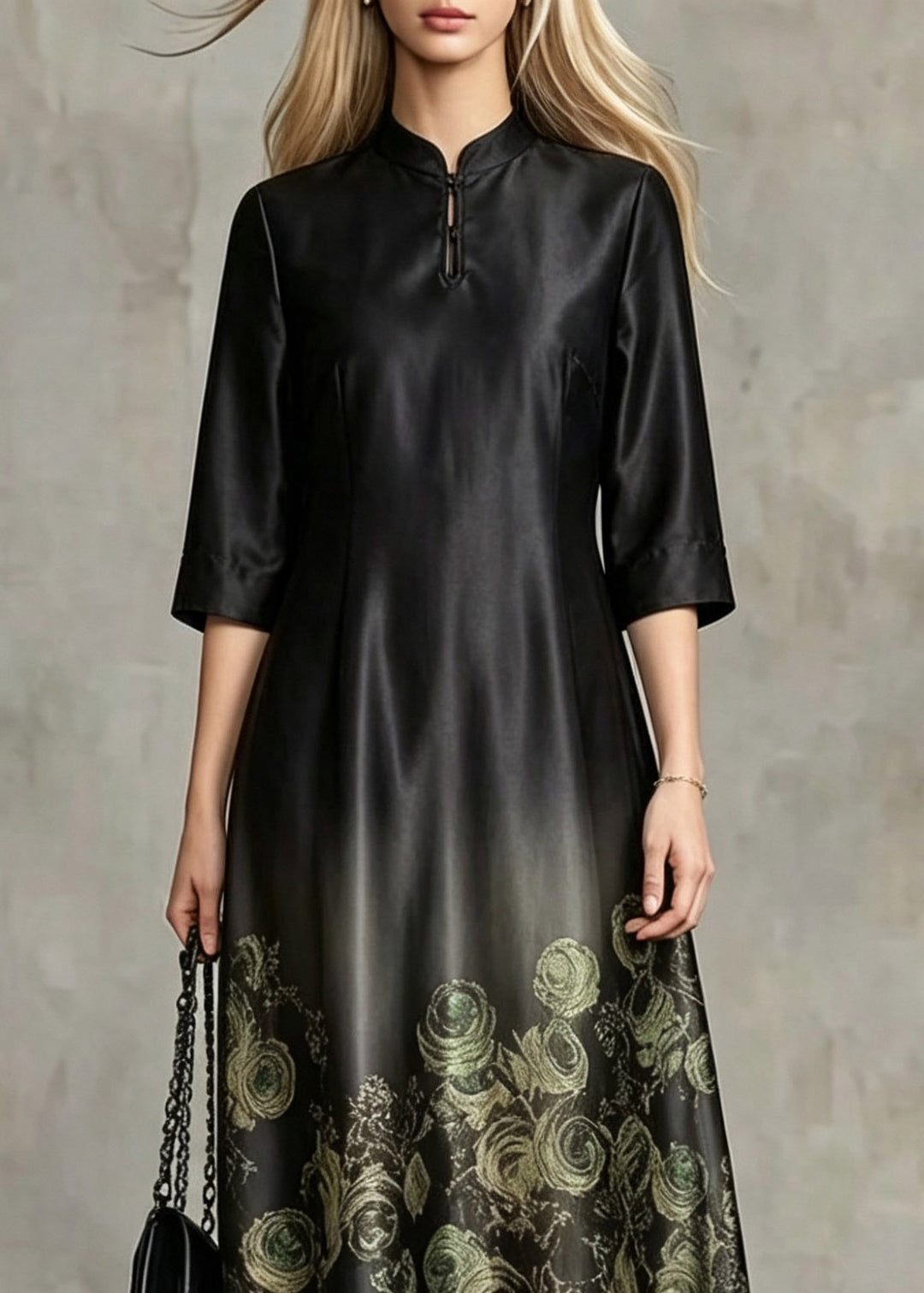 Chinese Style Black Stand Collar Print Silk Long Dresses Summer