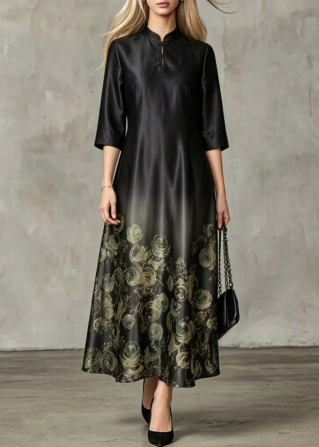 Chinese Style Black Stand Collar Print Silk Long Dresses Summer - Omychic