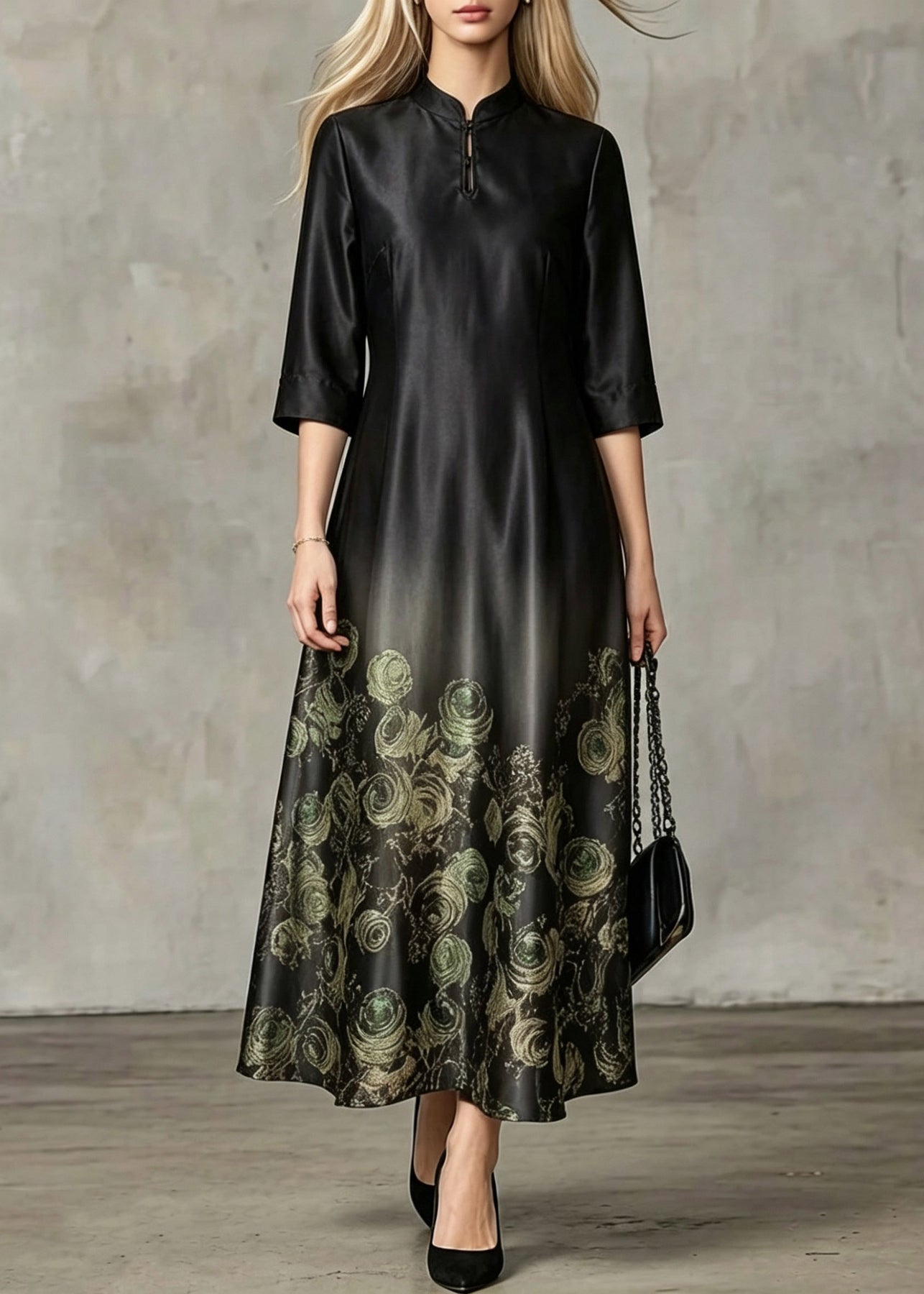 Chinese Style Black Stand Collar Print Silk Long Dresses Summer - Omychic