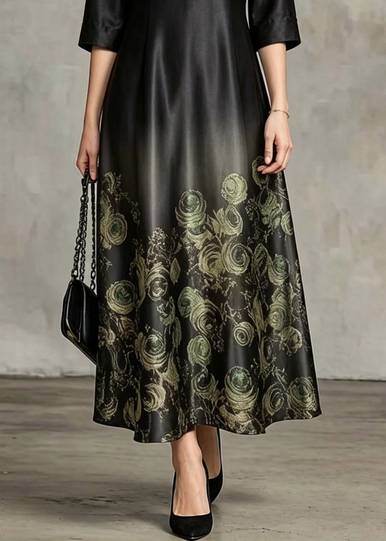 Chinese Style Black Stand Collar Print Silk Long Dresses Summer - Omychic