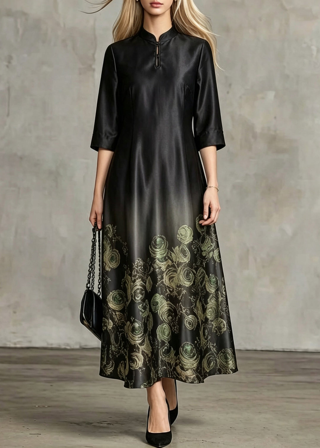Chinese Style Black Stand Collar Print Silk Long Dresses Summer