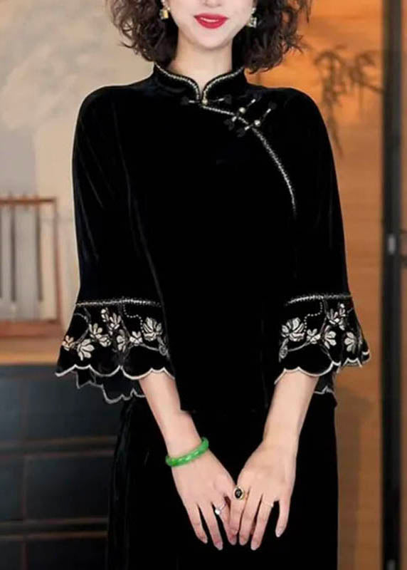Chinese Style Black Stand Collar Print Silk Velour Shirts Flare Sleeve