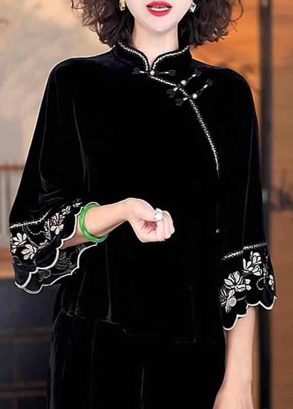 Chinese Style Black Stand Collar Print Silk Velour Shirts Flare Sleeve
