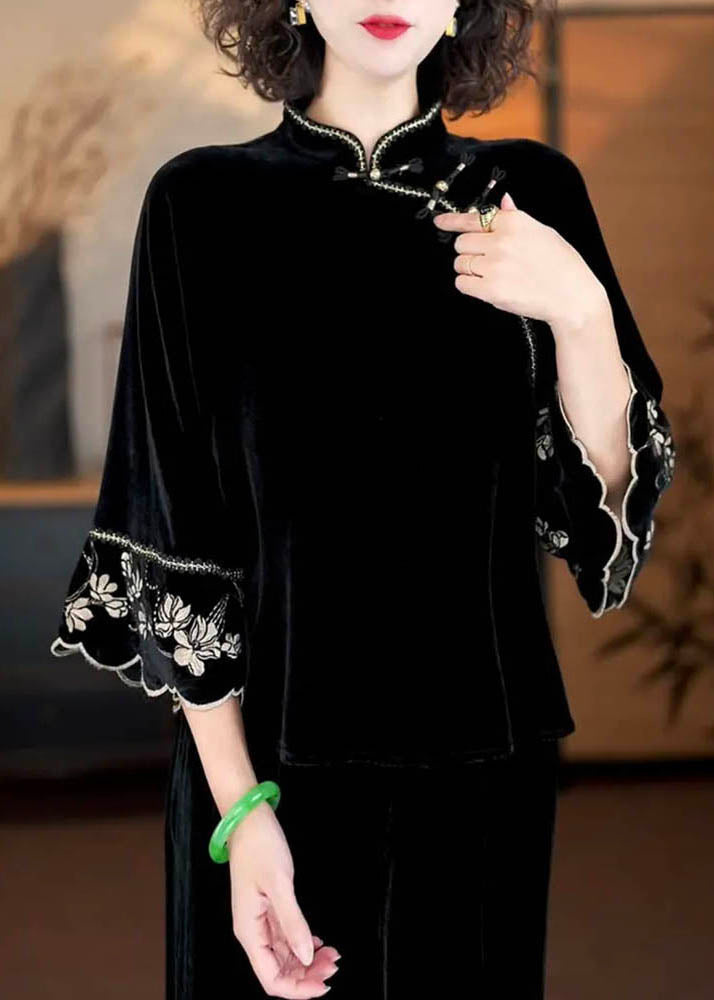 Chinese Style Black Stand Collar Print Silk Velour Shirts Flare Sleeve