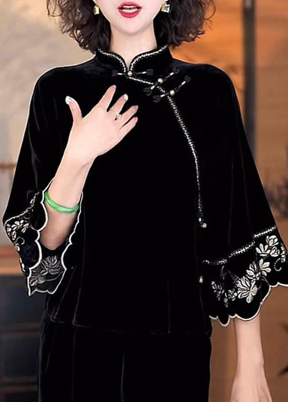 Chinese Style Black Stand Collar Print Silk Velour Shirts Flare Sleeve