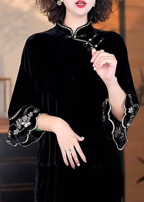 Chinese Style Black Stand Collar Print Silk Velour Shirts Flare Sleeve
