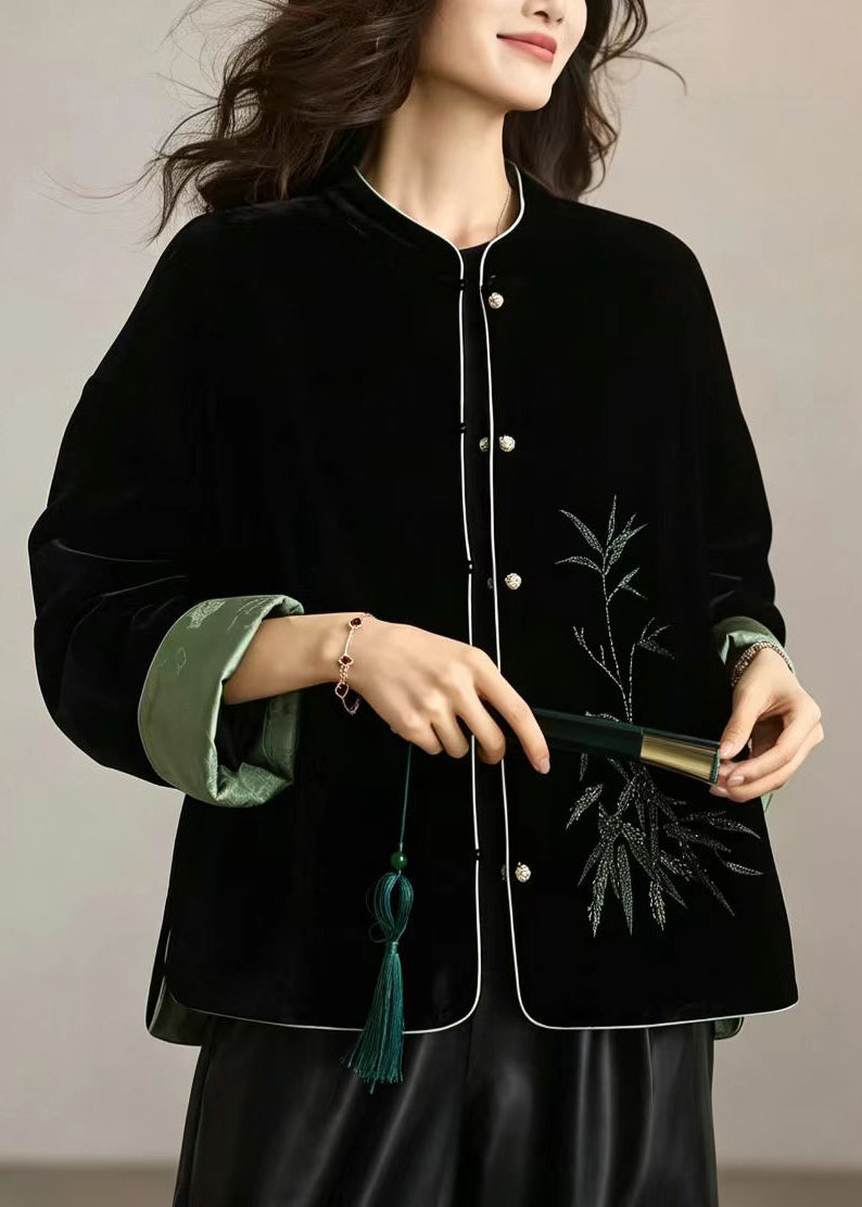 Chinese Style Black Stand Collar Reversible Velour Jacket Fall