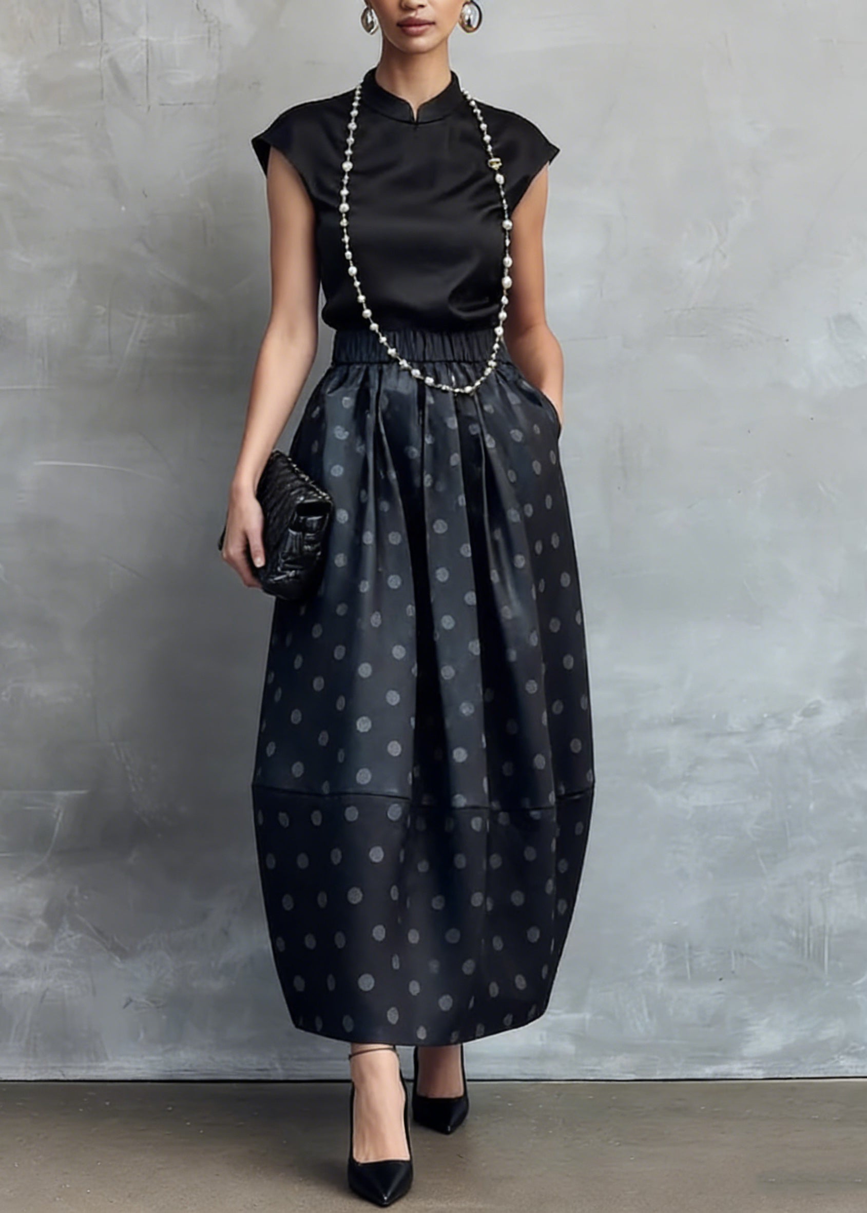 Chinese Style Black Stand Collar Shirts And Dot Skirts Silk Two Piece Set Summer - Omychic