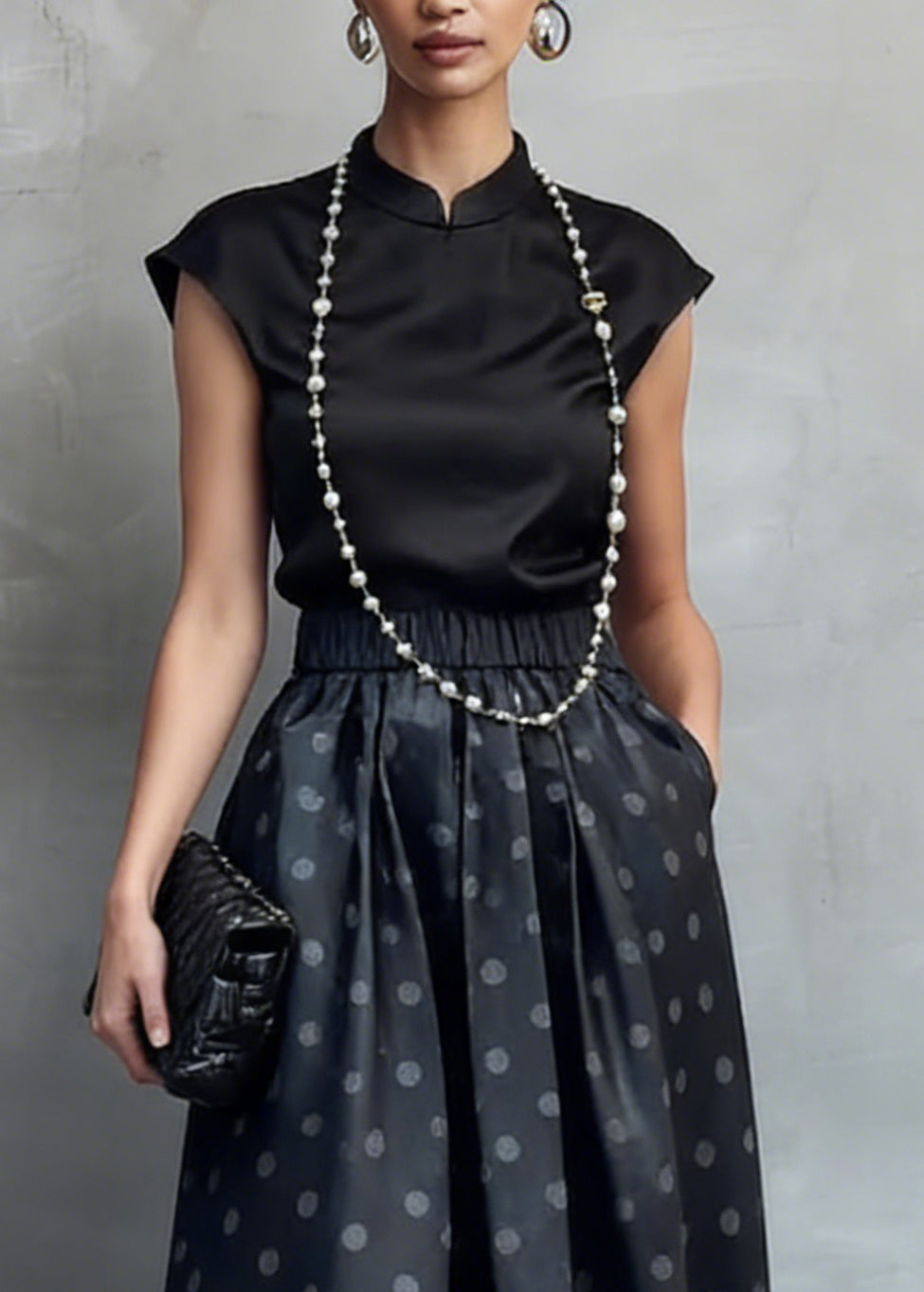 Chinese Style Black Stand Collar Shirts And Dot Skirts Silk Two Piece Set Summer - Omychic