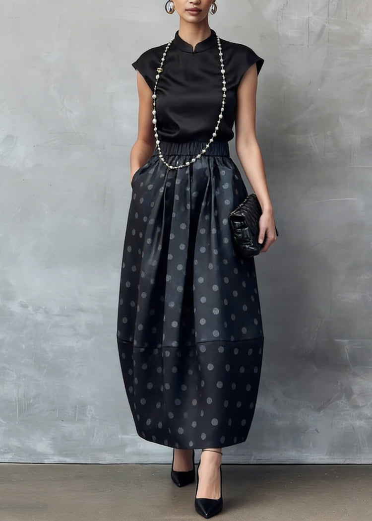 Chinese Style Black Stand Collar Shirts And Dot Skirts Silk Two Piece Set Summer - Omychic