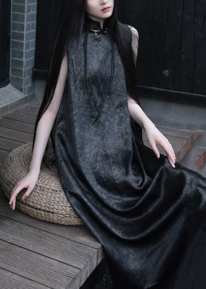 Chinese Style Black Stand Collar Solid Maxi Dress Sleeveless