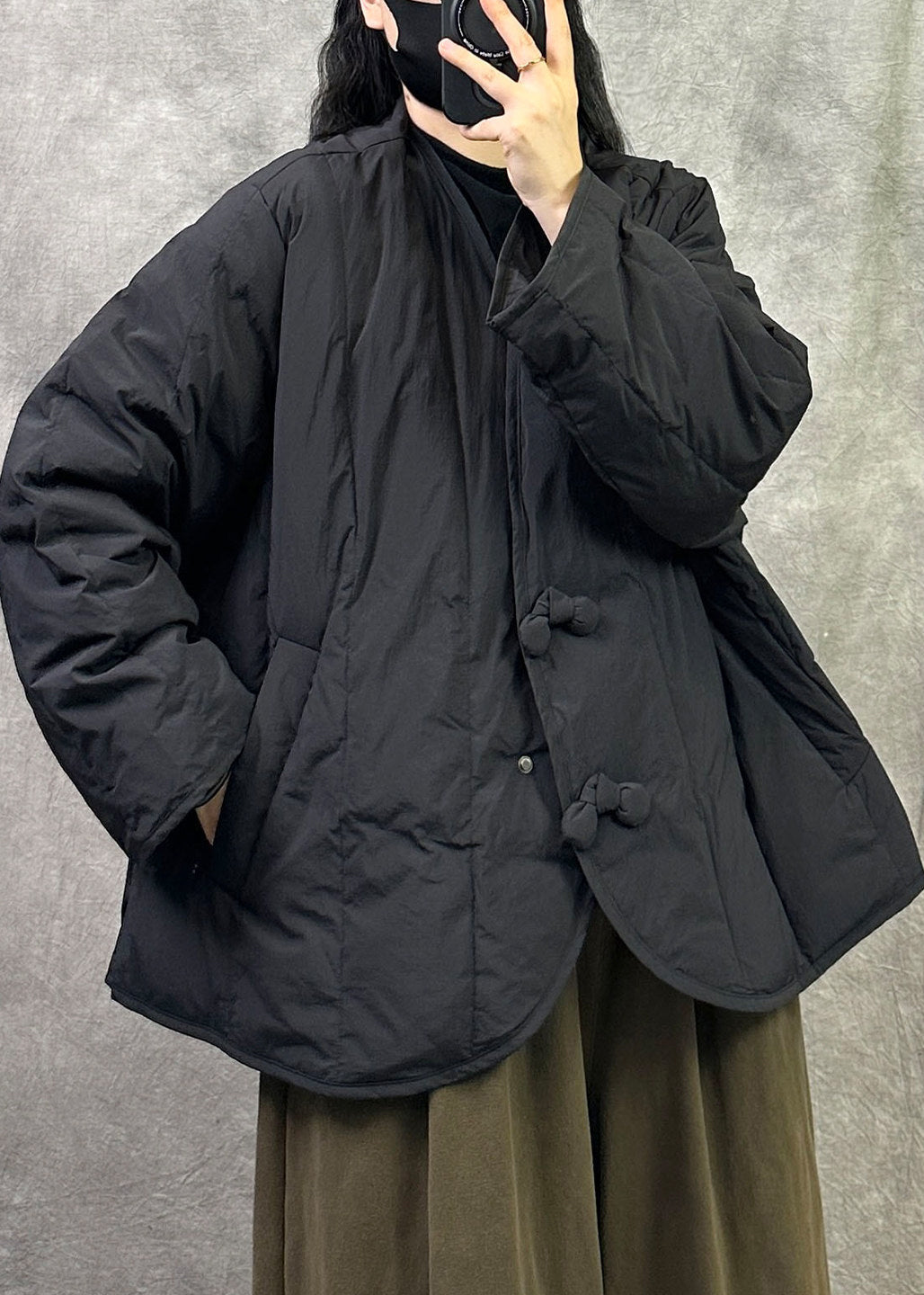 Chinese Style Black V Neck Pockets Duck Down Winter Coats