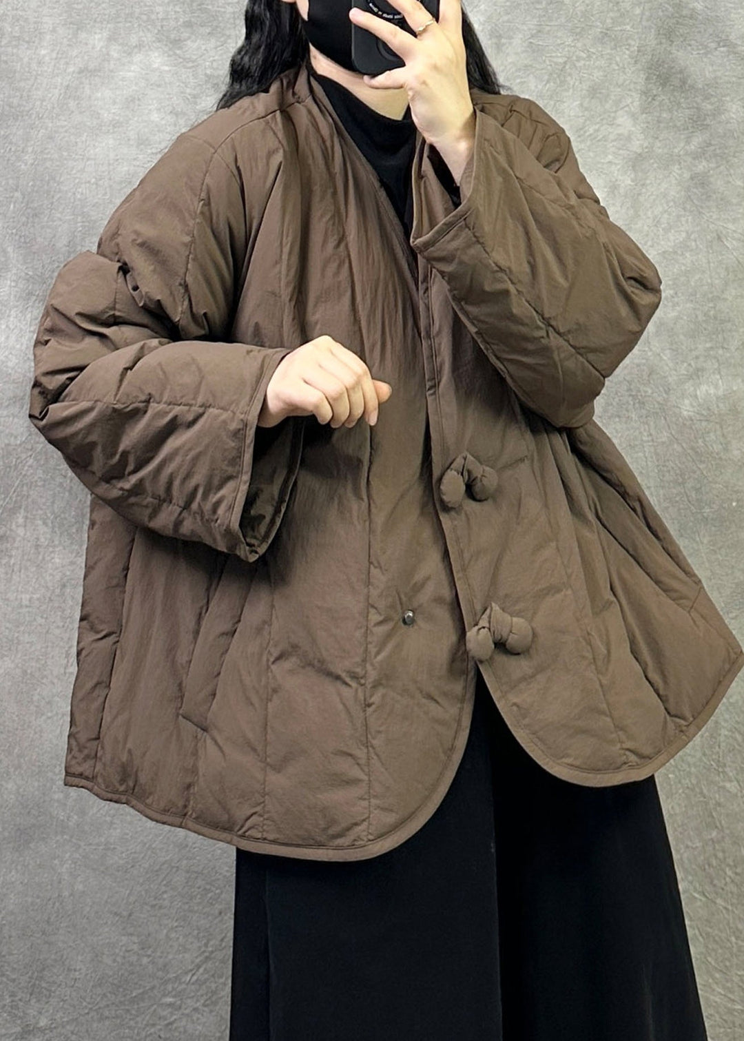 Chinese Style Black V Neck Pockets Duck Down Winter Coats