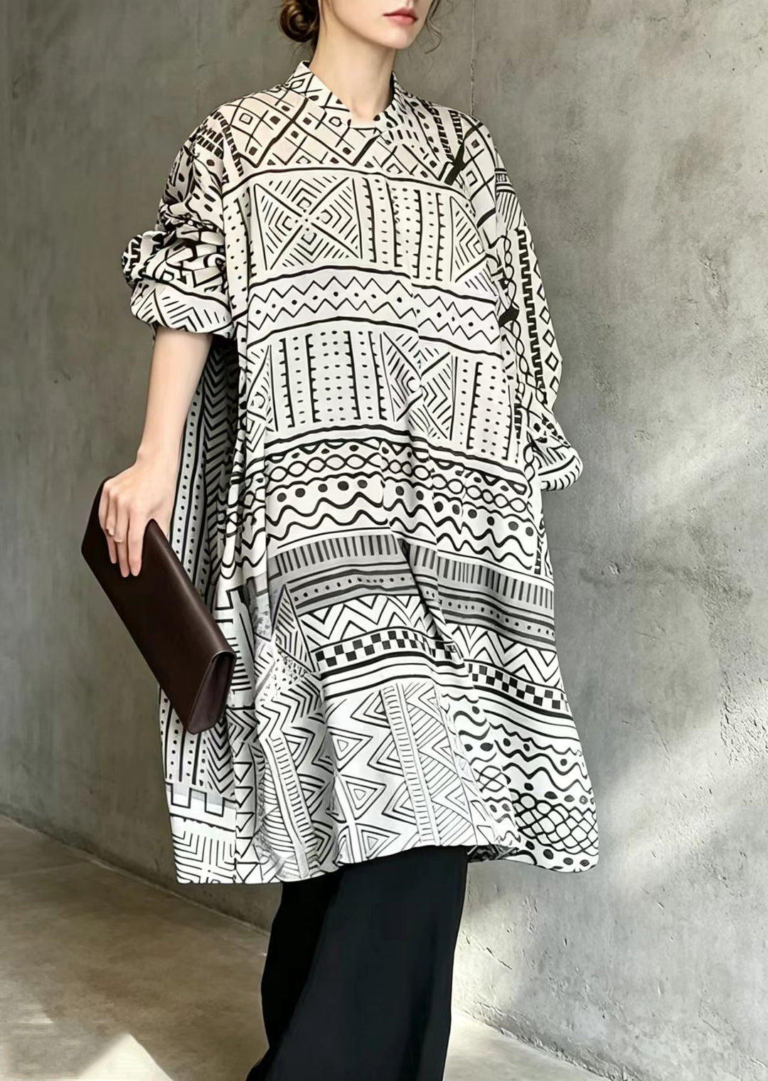 Chinese Style Black White Geometric Print Dress Long Sleeve
