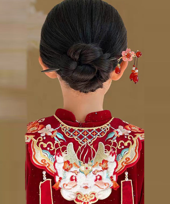 Chinese Style Black Woodiness Alloy Floral Tassel Hairpin