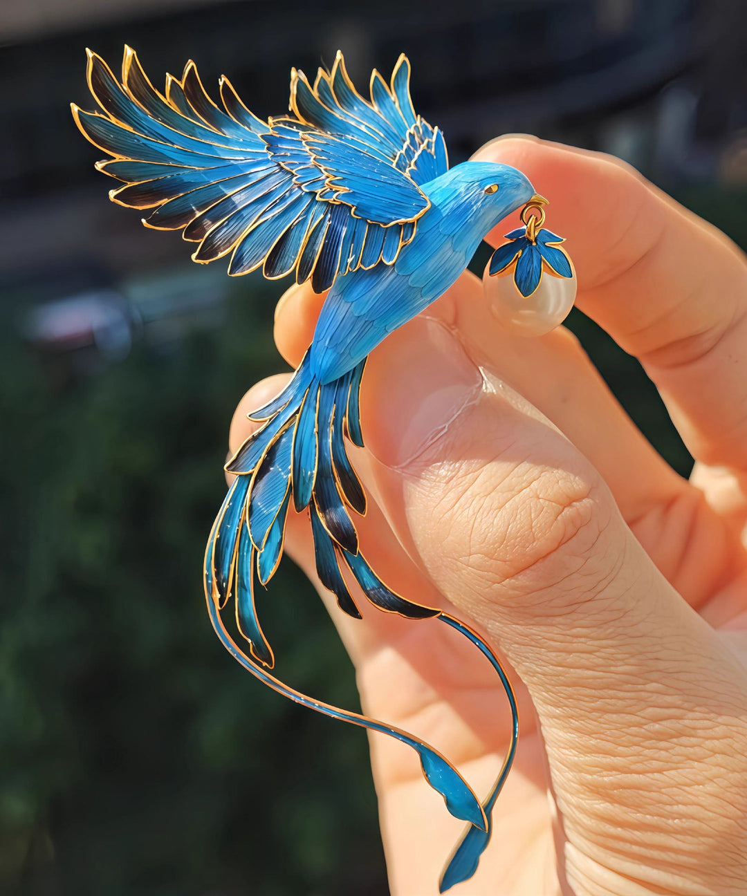 Chinese Style Blue Alloy Ename Bluebird Holding Pearl Brooches