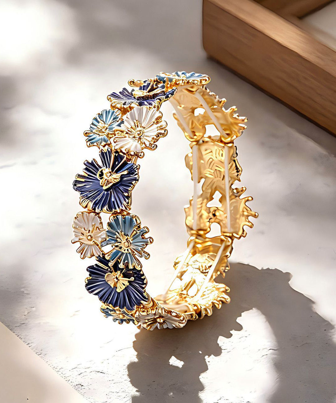 Chinese Style Blue Alloy Hollow Out Floral Bangle