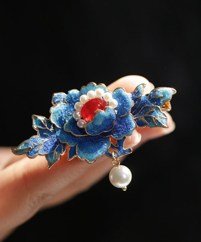Chinese Style Blue Alloy Pearl Enamel Hairpin