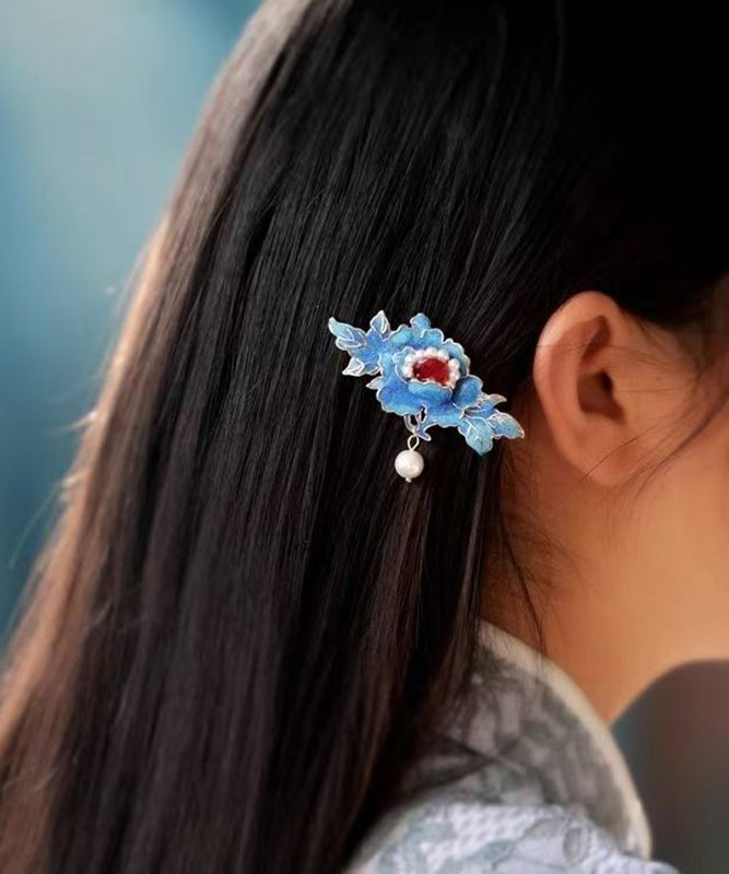 Chinese Style Blue Alloy Pearl Enamel Hairpin
