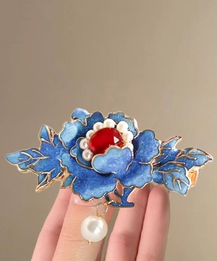 Chinese Style Blue Alloy Pearl Enamel Hairpin