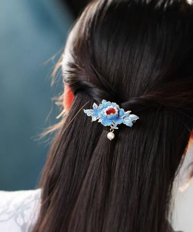 Chinese Style Blue Alloy Pearl Enamel Hairpin