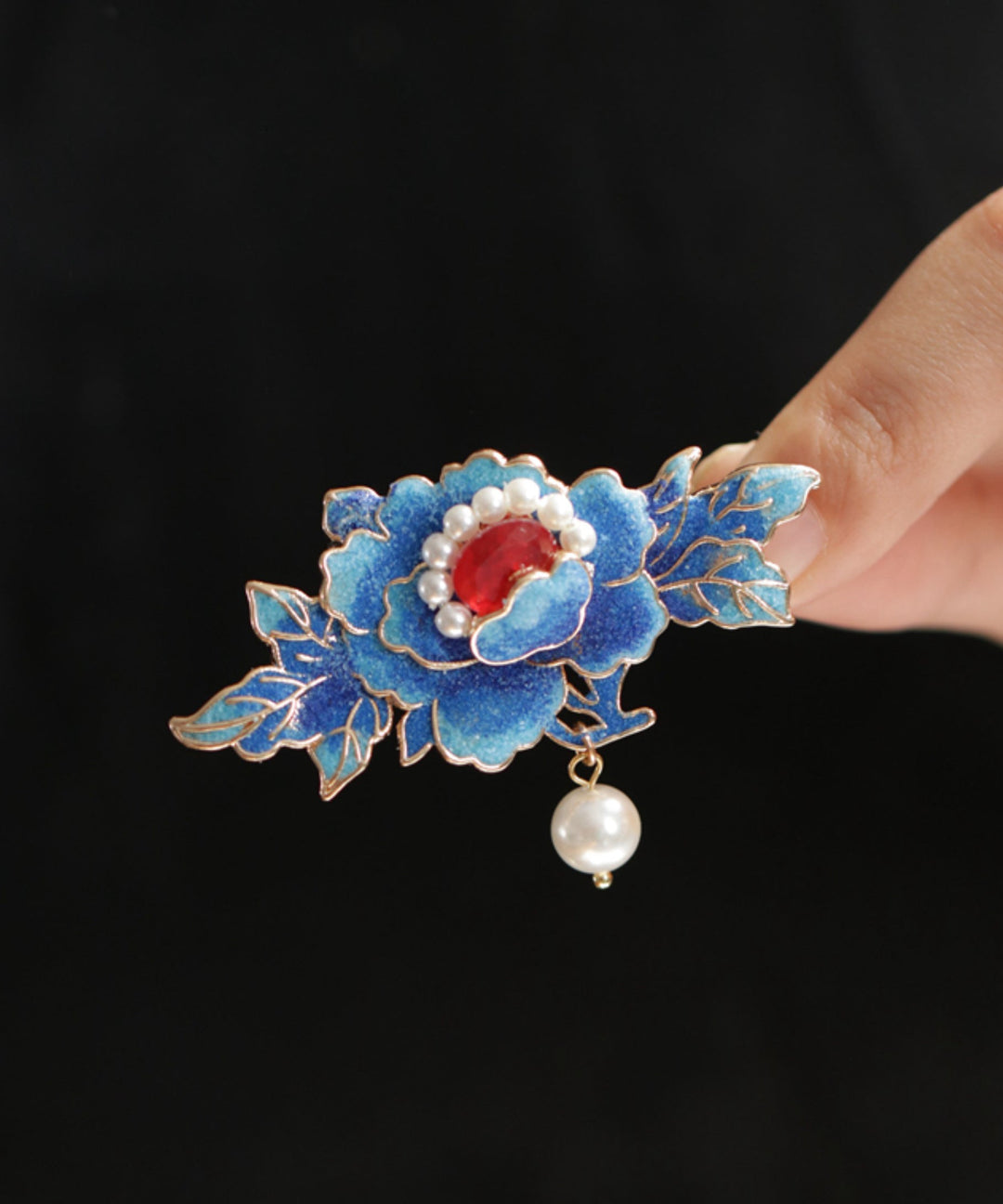 Chinese Style Blue Alloy Pearl Enamel Hairpin