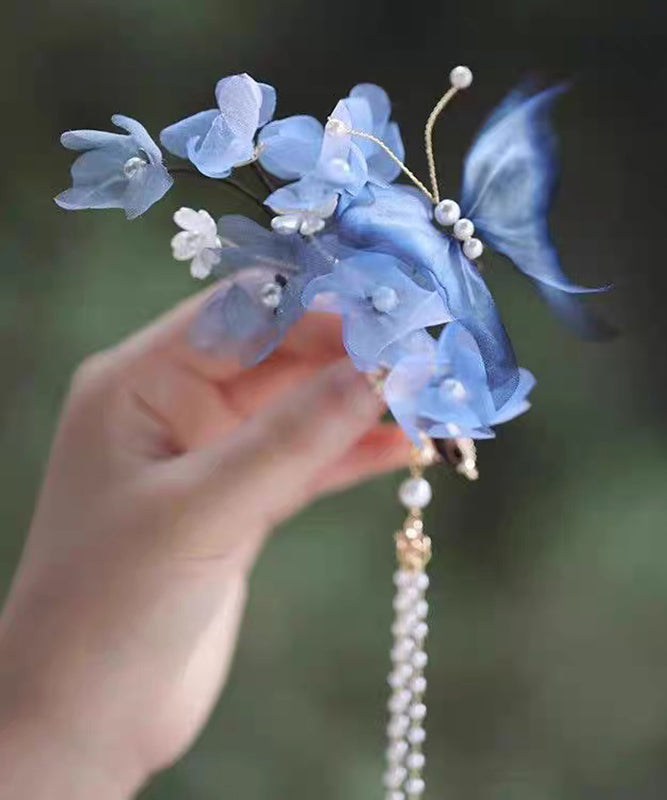 Chinese Style Blue Alloy Silk Floral Pealr Tassel Hairpin