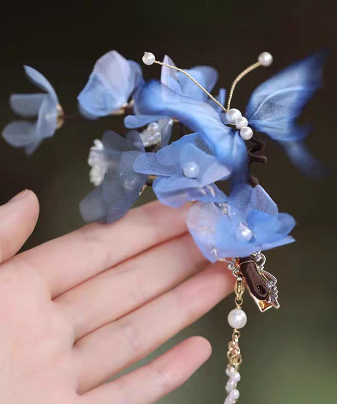 Chinese Style Blue Alloy Silk Floral Pealr Tassel Hairpin