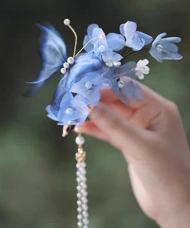 Chinese Style Blue Alloy Silk Floral Pealr Tassel Hairpin