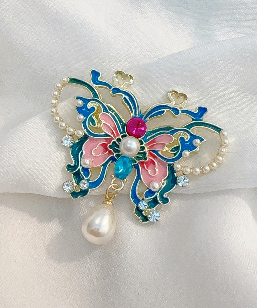 Chinese Style Blue Alloy Zircon Butterfly Pearl Hollow Out Hairpin