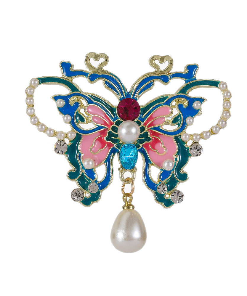 Chinese Style Blue Alloy Zircon Butterfly Pearl Hollow Out Hairpin