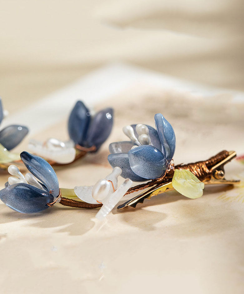Chinese Style Blue Copper Overgild Pearl Colored Glaze Lotus A Pair Hairpin