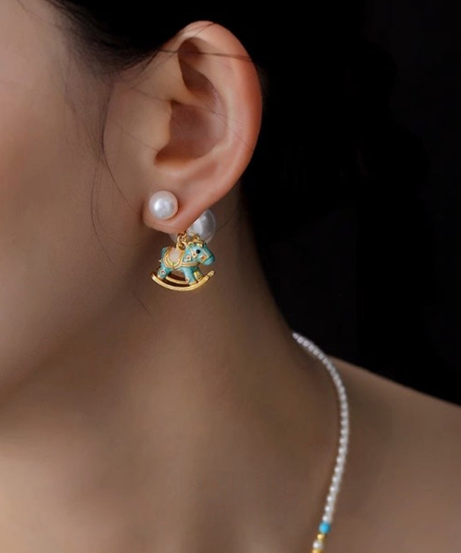 Chinese Style Blue Copper Overgild Zircon Pearl Drip Glaze Little Rocking Horse Stud Earrings