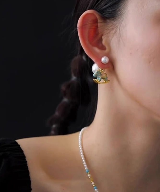 Chinese Style Blue Copper Overgild Zircon Pearl Drip Glaze Little Rocking Horse Stud Earrings