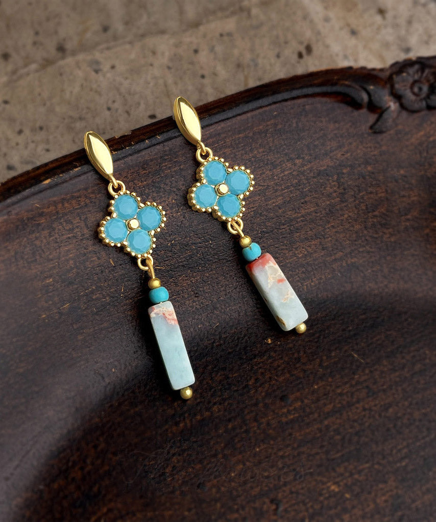 Chinese Style Blue Copper Overgild Zircon Turquoise Four-Leaf Clover Drop Earrings