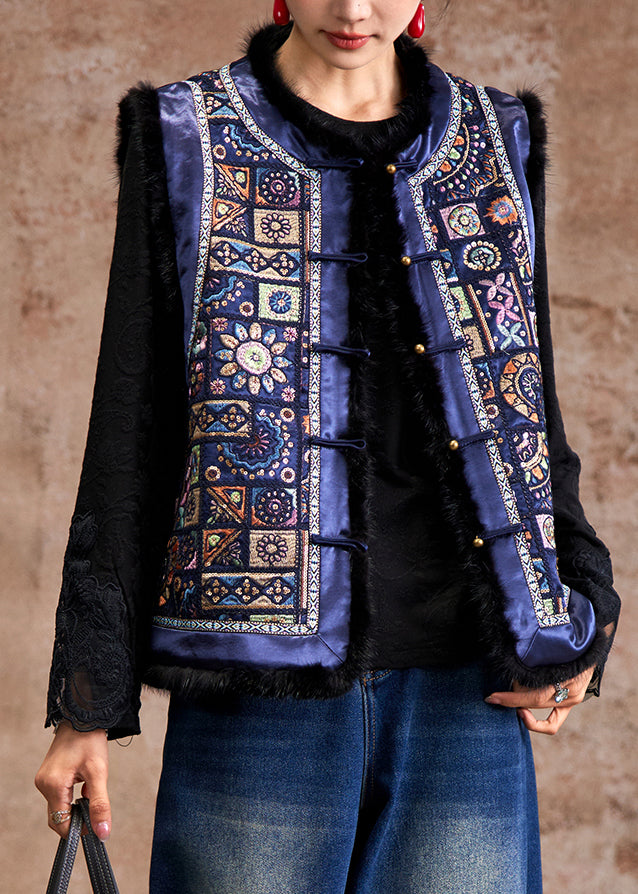 Chinese Style Blue Embroidered Button Mink Hair Waistcoat Sleeveless