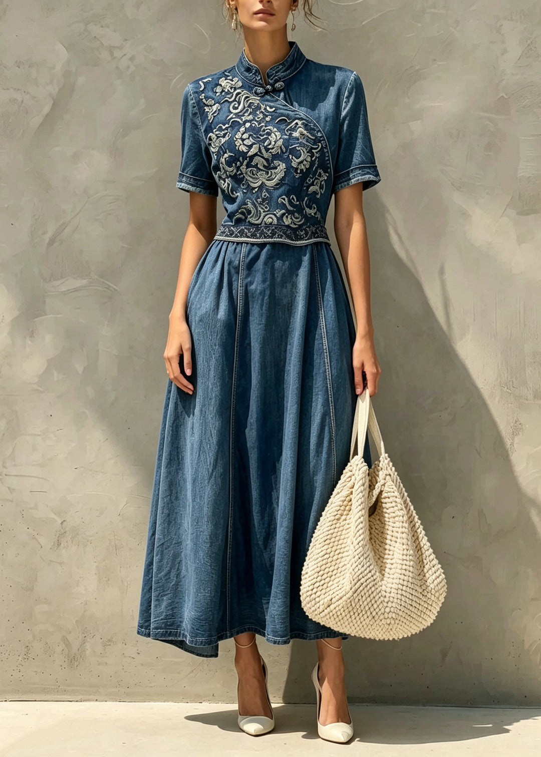 Chinese Style Blue Embroidered Patchwork Denim Long Dress Summer