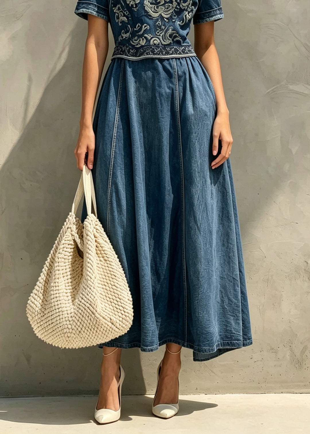 Chinese Style Blue Embroidered Patchwork Denim Long Dress Summer